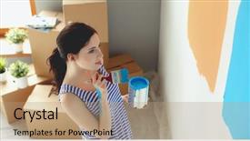  Presentation with college education happy smiling - Cool new presentation design with categories - happy smiling woman painting interior backdrop and a  colored foreground