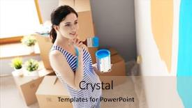  Presentation with interior - Colorful PPT layouts enhanced with categories - happy smiling woman painting interior backdrop and a  colored foreground