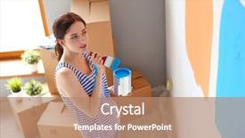  Presentation with happy smiling woman dental health - PPT theme featuring categories - happy smiling woman painting interior background and a coral colored foreground