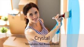  Presentation with happy smiling woman dental health - Cool new PPT theme with categories - happy smiling woman painting interior backdrop and a coral colored foreground