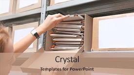  Presentation with archive - Beautiful PPT layouts featuring sorting record - woman with documents in archive backdrop and a coral colored foreground