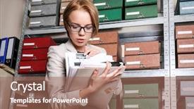  Presentation with archive - Audience pleasing slide set consisting of knowledge storage - woman with documents in archive backdrop and a violet colored foreground