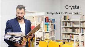  Presentation with archive - Audience pleasing PPT layouts consisting of categorization - man with documents in archive backdrop and a light gray colored foreground