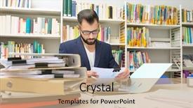  Presentation with archive - Slide deck with categorization - man working with documents background and a coral colored foreground