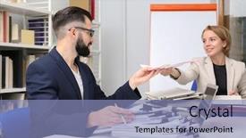  Presentation with categorization - Slide deck featuring categorization - people working with documents background and a light blue colored foreground