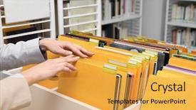  Presentation with archive - Slide deck featuring categorization - woman searching for documents background and a yellow colored foreground