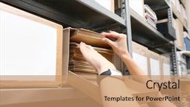  Presentation with archive - Amazing slide deck having categorization - woman with documents in archive backdrop and a coral colored foreground