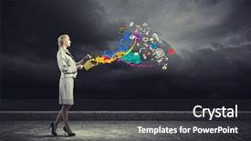  Presentation with paint bucket - Presentation theme having category management - young businesswoman holding bucket background and a  colored foreground