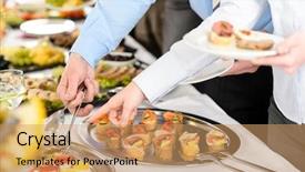  Presentation with appetizers - Slide deck featuring catering at business company event background and a coral colored foreground