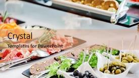  Presentation with banquet - PPT theme having catering banquet table background and a coral colored foreground