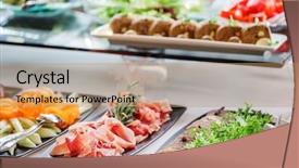  Presentation with banquet - Colorful slide deck enhanced with catering banquet table backdrop and a coral colored foreground