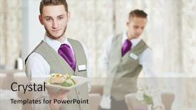  Presentation with restaurant waiter - Theme having catering company - waiter occupation young man background and a mint green colored foreground