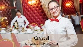  Presentation with catering - Amazing PPT theme having catering company - waitress woman in restaurant backdrop and a coral colored foreground