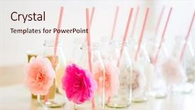  Presentation with catering - Colorful slides enhanced with catering dishware holidays and celebration concept - closeup of glass bottles for drinks with straws on table backdrop and a sky blue colored foreground