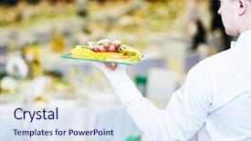  Presentation with service anniversary - Cool new PPT layouts with catering event service waiter hand backdrop and a sky blue colored foreground