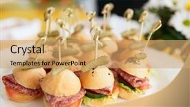  Presentation with restaurant - Slide set with catering food - canapes on restaurant table spring background and a coral colored foreground