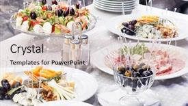  Presentation with catering - Colorful presentation theme enhanced with catering food on table backdrop and a soft green colored foreground