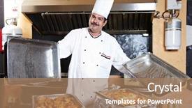  Presentation with hotel kitchen - Theme with catering industry - adult arab chef man background and a coral colored foreground