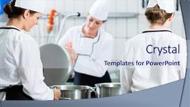  Presentation with catering - Colorful slide deck enhanced with catering industry - commercial kitchen with chefs cooking backdrop and a sky blue colored foreground