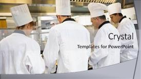 Presentation with industrial textile industry yarn spools - PPT theme enhanced with catering industry - four chefs working in industrial background and a  colored foreground