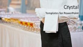  Presentation with restaurant waiter - PPT theme enhanced with catering service waiter on duty background and a sky blue colored foreground
