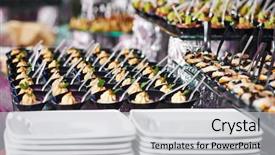  Presentation with food service - Audience pleasing PPT theme consisting of catering services background with snacks backdrop and a light gray colored foreground