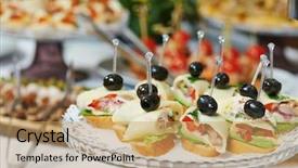  Presentation with service anniversary - Colorful presentation theme enhanced with catering services background with snacks backdrop and a coral colored foreground