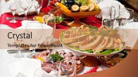  Presentation with catering - Audience pleasing theme consisting of catering table set service backdrop and a coral colored foreground