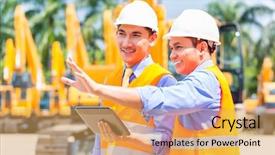  Presentation with machinery - Colorful presentation theme enhanced with caterpillar - asian engineer controlling construction machinery backdrop and a yellow colored foreground