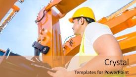  Presentation with machinery - Beautiful presentation featuring caterpillar - asian worker controlling construction machinery backdrop and a yellow colored foreground