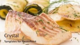  Presentation with catfish - Theme enhanced with catfish - tilapiini with vegetable and potatos background and a coral colored foreground