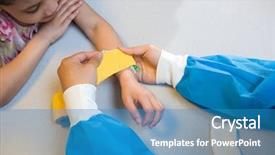 Presentation with catheter - Theme featuring catheter - girl watching nurse put bandage background and a teal colored foreground
