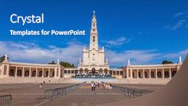  Presentation with catholic - PPT theme featuring catholic cathedral bell tower and colonnade in fatima portugal background and a ocean colored foreground