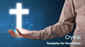  Presentation with glowing cross - Presentation design enhanced with catholic church - young businessman holding a glowing background and a ocean colored foreground