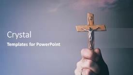 Presentation with catholic - Colorful slide set enhanced with catholic-cross-in-male-hand backdrop and a gray colored foreground