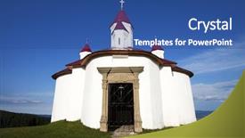  Presentation with catholic - Amazing slide deck having catholic parish - small chapel at sanzieni romania backdrop and a ocean colored foreground
