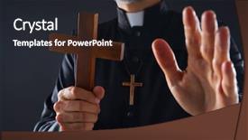  Presentation with wood - Amazing PPT theme having catholicism - priest holding cross of wood backdrop and a wine colored foreground