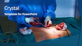  Presentation with moving patient to hospital bed - Slide deck having catle - surgeon performing an operation background and a ocean colored foreground