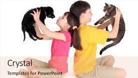  Presentation with family children - Colorful presentation theme enhanced with cats girls - children with family pets backdrop and a coral colored foreground