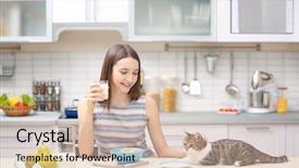 Presentation with young grey maine coon cat - Slides having cats milk - morning of beautiful young woman background and a soft green colored foreground