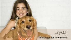  Presentation with adolescent - Audience pleasing PPT theme consisting of caucasian adolescent girl holding golden retriever dog backdrop and a coral colored foreground