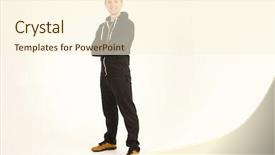  Presentation with shot - Presentation design consisting of caucasian adult male wearing black background and a cream colored foreground