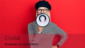  Presentation with glasses - PPT theme with caucasian-blonde-woman-wearing-glasses background and a crimson colored foreground