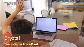  Presentation with distance learning - PPT theme consisting of caucasian-boy-learning-and-using background and a  colored foreground