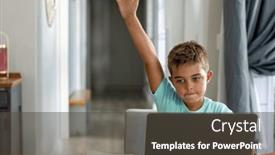  Presentation with laptop wireless - PPT theme enhanced with caucasian-boy-raising-hand background and a dark gray colored foreground