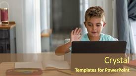  Presentation with laptop wireless - Theme consisting of caucasian-boy-waving-hand background and a tawny brown colored foreground