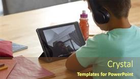  Presentation with digital book - Presentation design featuring caucasian-boy-wearing-headphones-attending background and a tawny brown colored foreground