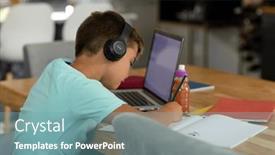  Presentation with laptop wireless - Presentation theme featuring caucasian-boy-wearing-headphones-writing background and a seafoam green colored foreground