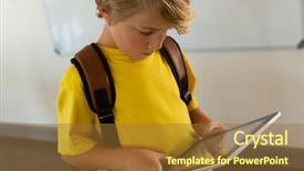  Presentation with elementary - PPT theme enhanced with caucasian boy with school background and a tawny brown colored foreground