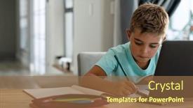  Presentation with laptop wireless - PPT layouts having caucasian-boy-writing-notes background and a tawny brown colored foreground